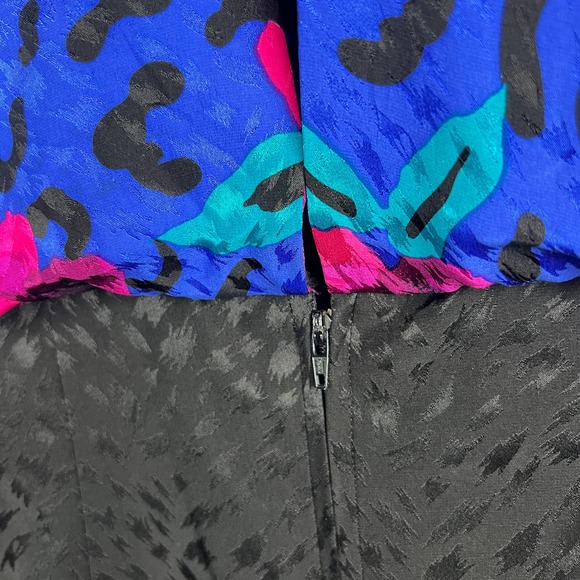 Vintage 80 A.J. Bari Blue Silk Party Dress Animal Print Floral Bow Designer Sz 6 - Picture 3 of 10